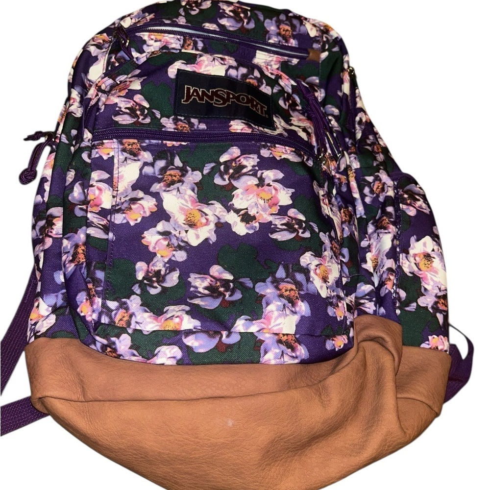 Jansport purple flowers floral leather bottom bookbag backpack